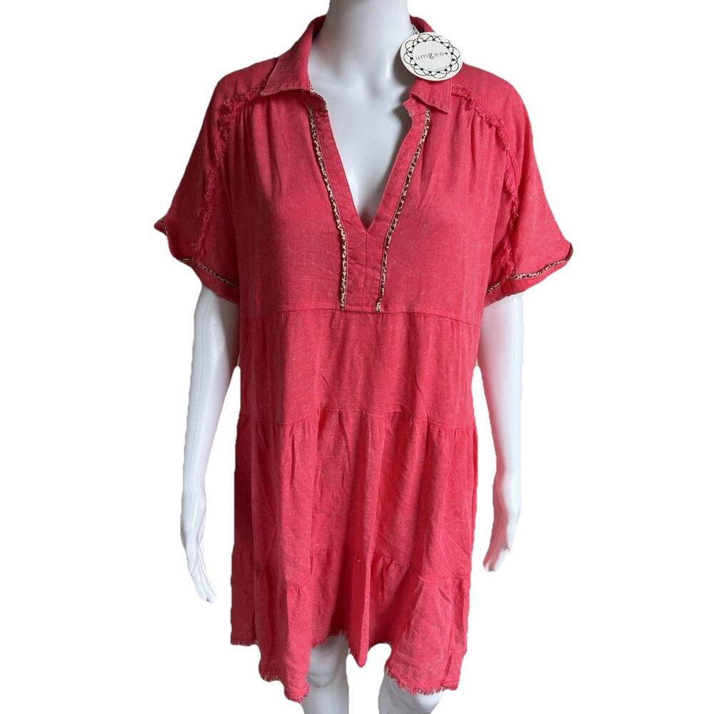 Umgee XL Linen Blend Babydoll Dress Pink Leopard Trim Tiered Boho NWT